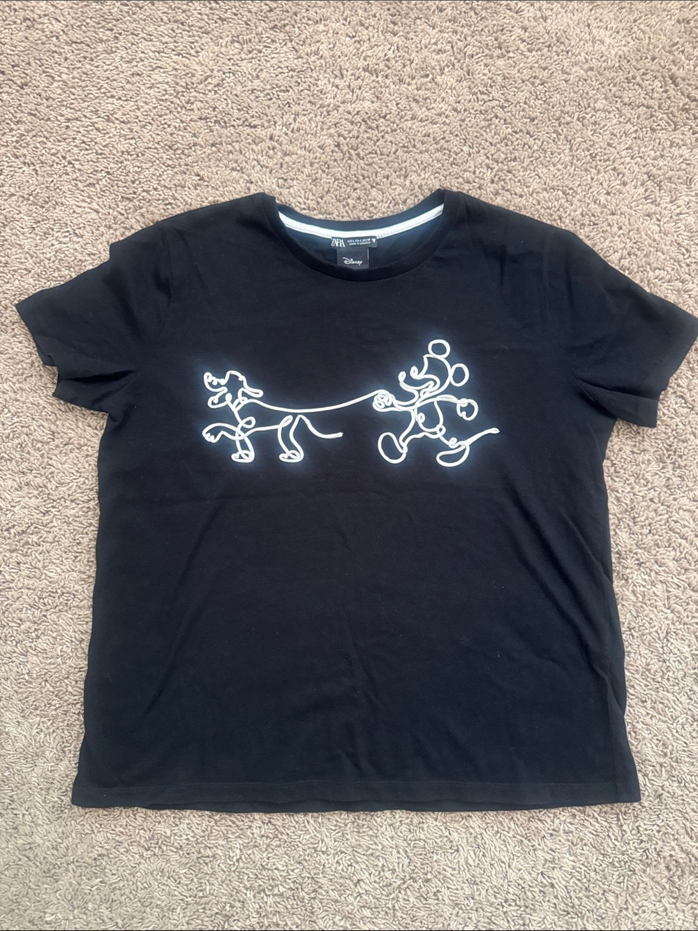 Disney Black Tee with White Continuous-Line Mickey & Pluto Art